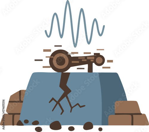 Seismic activity illustration with crack, rocks, wave, and device.