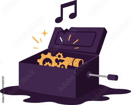 Music box with gears and a note, simple illustration on white