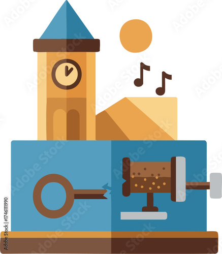 Abstract clock tower next to a music machine on white background
