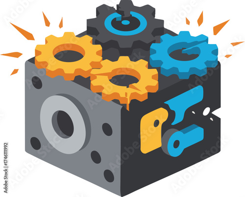Isometric illustration of gears rotating on a machine block.