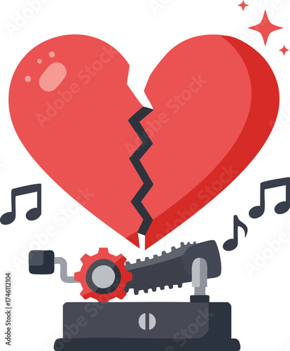 Broken heart illustration with a musical mechanism and song notes.