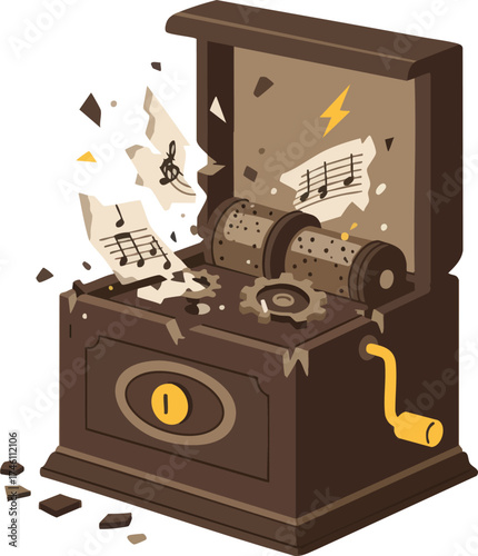 Damaged music box with broken pieces and scattered musical notes