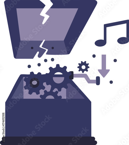 Illustration of a broken music box with gears and musical notes.