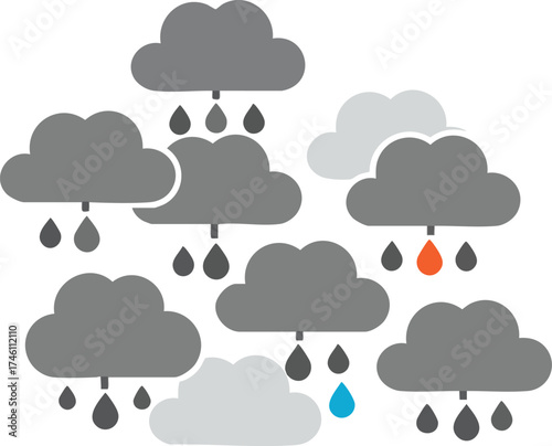 Graphic clouds with raindrops in grey, blue, and orange on white