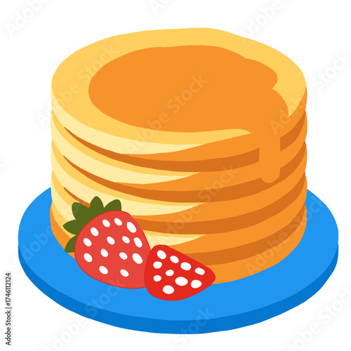 A delightful illustration featuring a tall stack of golden pancakes drizzled with syrup, served on a blue plate alongside a whole and a half strawberry