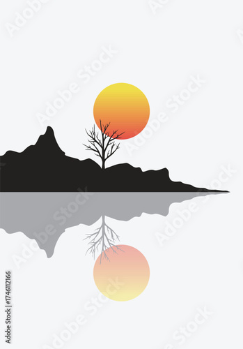 Sunset scenSerene gradient orange sunset over silhouetted mountains reflected in calm watere with a gradient ...