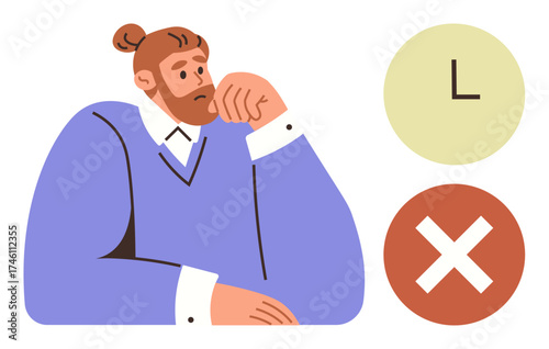Thoughtful man resting hand on chin, clock-thumbs up circle and rejection cross nearby. Ideal for decision-making, procrastination, rejection, self-reflection, time management, overthinking