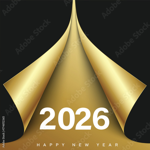 Luxury Happy New Year 2026 background with golden page curl. Vector illustration