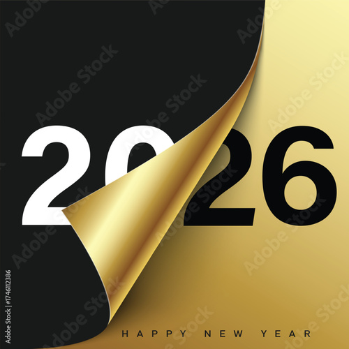 Luxury Happy New Year 2026 background with golden page curl. Vector illustration