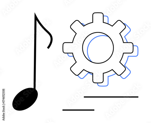 Music note beside a cogwheel. Ideal for audio technology, sound engineering, automation, creativity, innovation, production, process management. Simple flat metaphor
