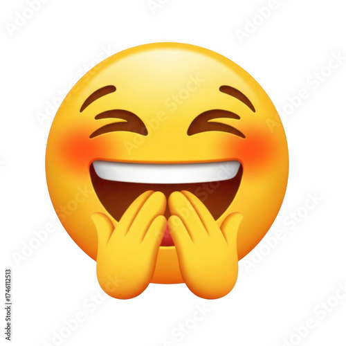 Joyful laughing emoji with blushing cheeks and hands covering mouth isolated on transparent background