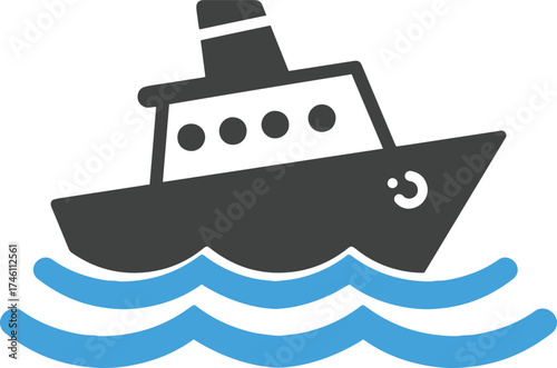 Cartoon motorboat with blue waves and smiling face