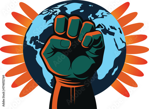 Fist of earth rises amidst fiery flames of revolution