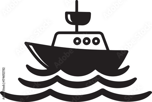 Black silhouette of a motorboat on stylized waves ship