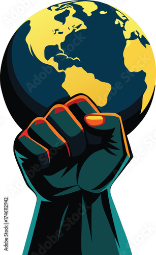 Fist of earth rises amidst fiery flames of revolution