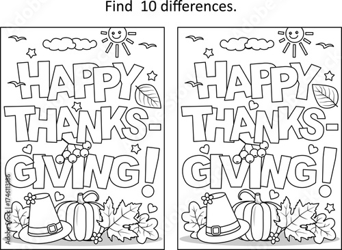 "Happy Thanksgiving!" greeting difference game and coloring page
