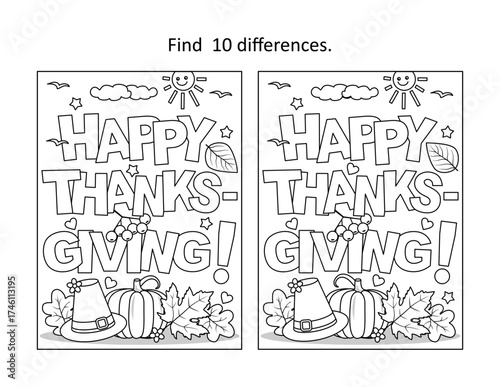"Happy Thanksgiving!" greeting difference game and coloring page
