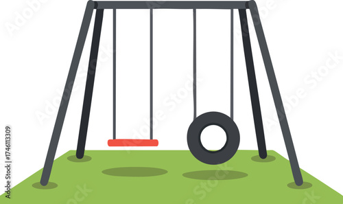 Minimal illustration of a swing set with tire and seat on playground.