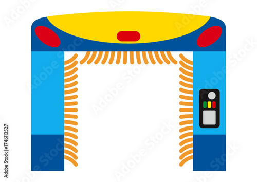 A cartoon illustration of a car wash structure with brushes and control panel, ready for use.