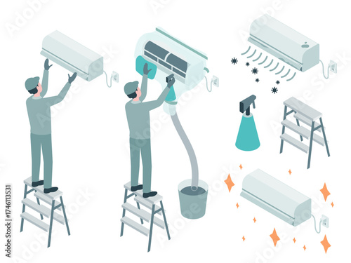 Illustration showing the process of cleaning an air conditioner unit, including disassembly, washing, and the final clean result.