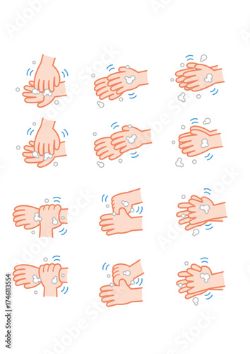 A sequence of illustrations demonstrating proper handwashing techniques with soap and water.