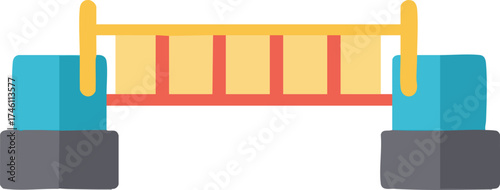 Graphic image of a yellow and red decorative bridge with blue pillars