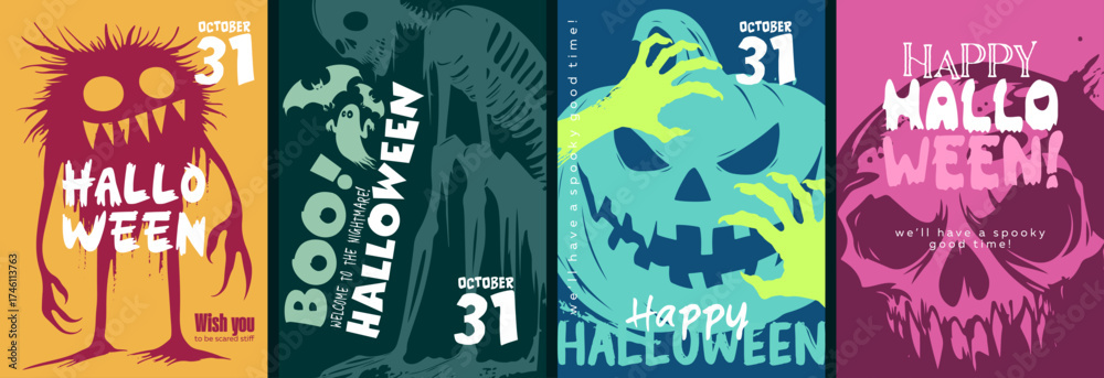 Fototapeta premium Colorful Halloween Posters Featuring Various Creatures and Fun, Attractive Designs