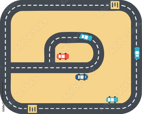 Road network with toy cars, miniature race track scene overhead view