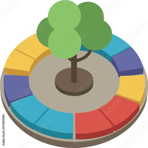 Isometric park area with tree, circle chart with colorful sections