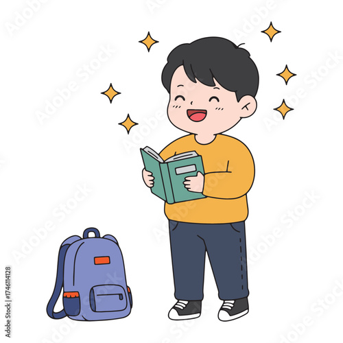 Joyful boy with backpack reading a book, expressing happiness and excitement for learning
