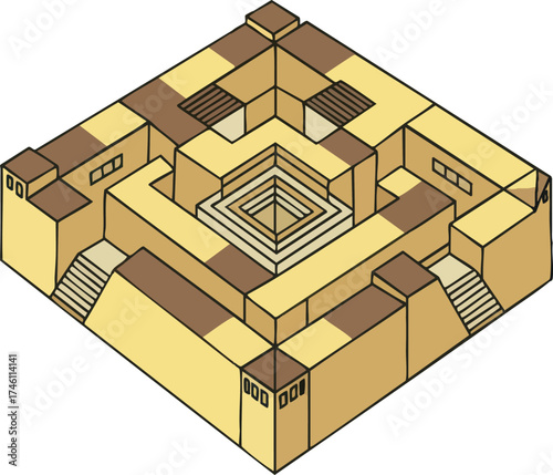 Isometric illustration of a building with stairs and square courtyard