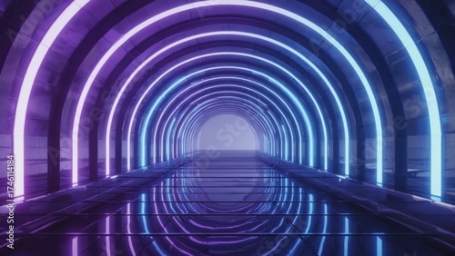 Fototapeta Naklejka Na Ścianę i Meble -  A futuristic neon tunnel with glowing circular arcs of blue and purple light stretches into the distance, technology, science fiction, digital innovation, and the endless journey into the future.