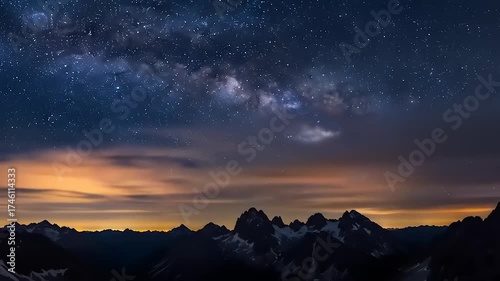 Celestial wonder as the Milky Way galaxy stretches across the night sky above a silhouetted mountain range with a warm horizon glow