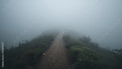 Misty mountain path disappearing into fog