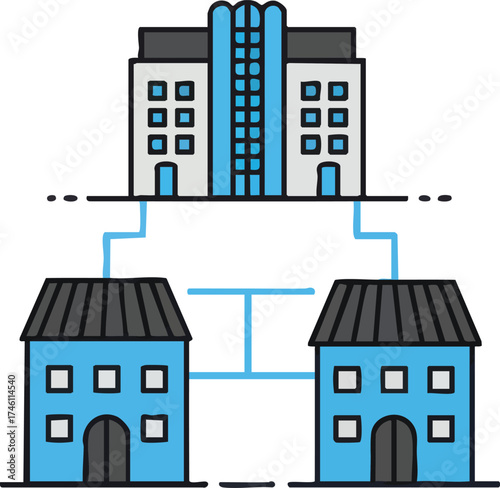Building network showing houses connected to a central business office.