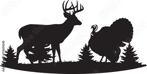 Vector art of silhouette of a buck deer and a wild turkey standing in a forest with pine trees