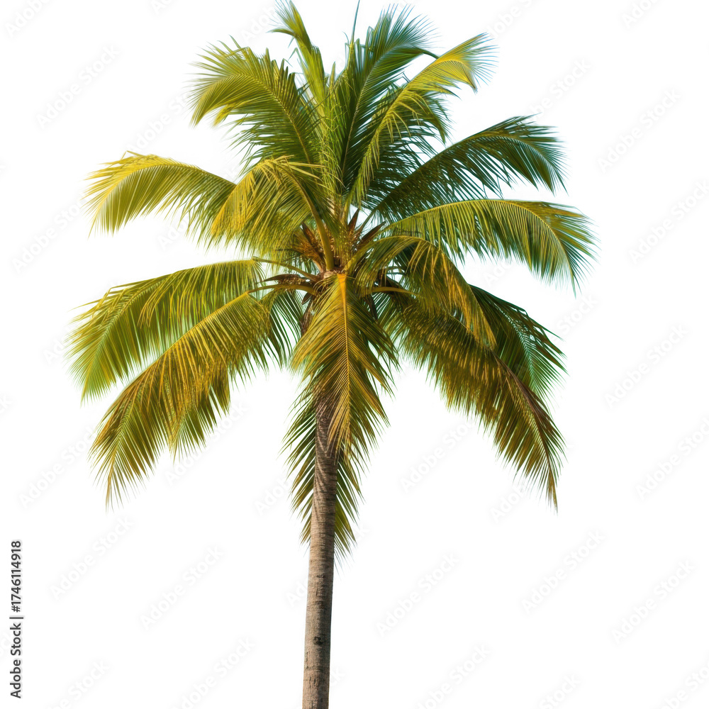 Obraz premium A vibrant green palm tree with lush fronds isolated on transparent background