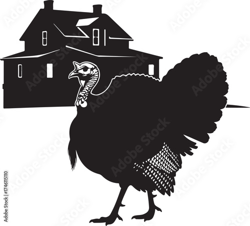 Vector art of silhouette of a turkey with its tail feathers fanned out in front of a dark, silhouetted house