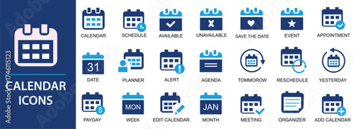 Modern Calendar Icon Set. Schedule Planner, Event Reminder, Date Organizer, Appointment and Time Management Vector Design. Vector illustration. 