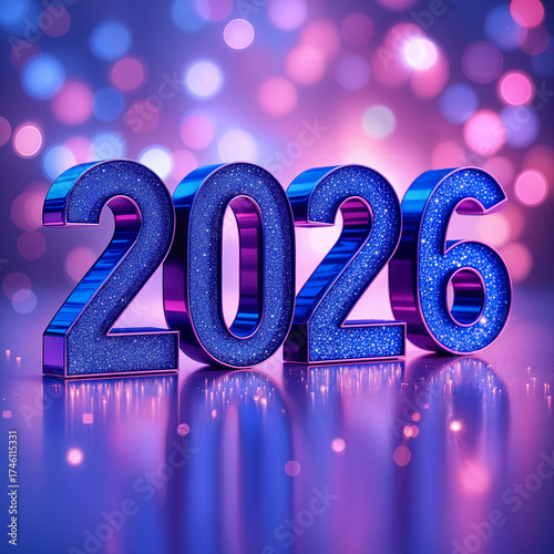 Sparkling Blue 2026 New Year Numbers on Reflective Surface with Glowing Lights and Bokeh Background Isolated on White P N G Download for Social Media Advertisement Banner