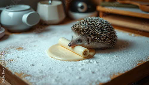 Hedgehog Baking Dough, Spiky Chef Pastry Time, Tiny Baker in Flour Dust