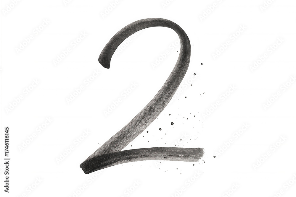 Naklejka premium Number two creating a modern watercolor effect with brush strokes in black and grey, isolated on transparent background