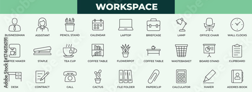 Workspace line icon set. businessman, cactus, calculating machine, chair, clipboard, clock, coffeemaker icons collection. 