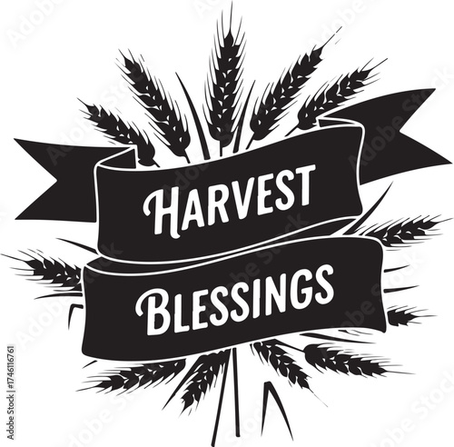 Vector art of harvest blessings text with wheat ears and ribbon