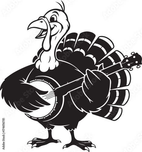 Vector art of cartoon turkey playing banjo