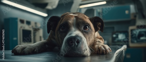 A worried dog lies on a veterinary examination table in a clinical setting, surrounded by medical equipment and blue cabinets