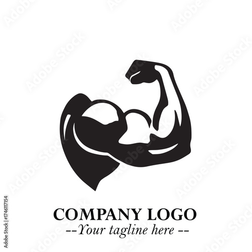 Arm Muscular Logo Symbol Black on White Background in Bold Minimalist Vector Design for Fitness Brand	

