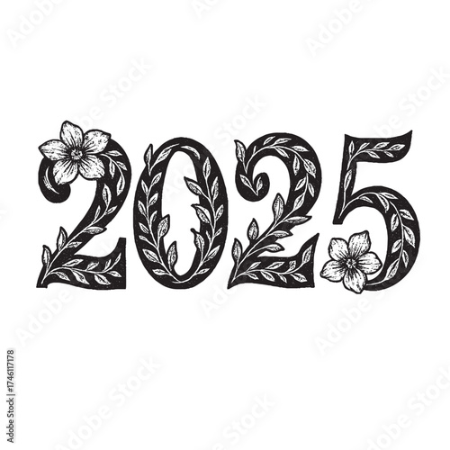 Beautiful floral 2025 number illustration featuring leaves and blossoms in bold black design on white background, perfect for greeting cards, posters, or new year art