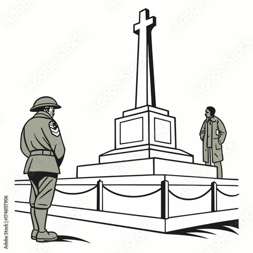 Solemn soldier stands guard before war memorial cross monument honoring fallen heroes