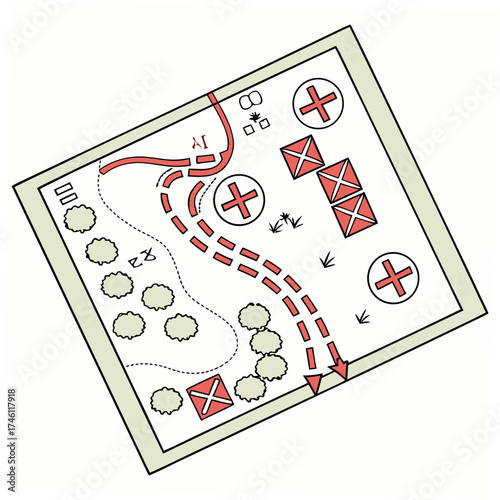 Strategic battle map depicting troop movement and objectives with red and white markers on a light beige background